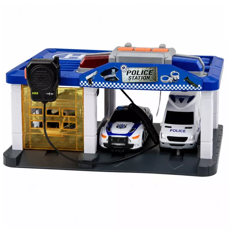 LEAN TOYS Garagem posto de polícia com 2 carros, helicóptero, walkie-talkie, luz e som | 31588