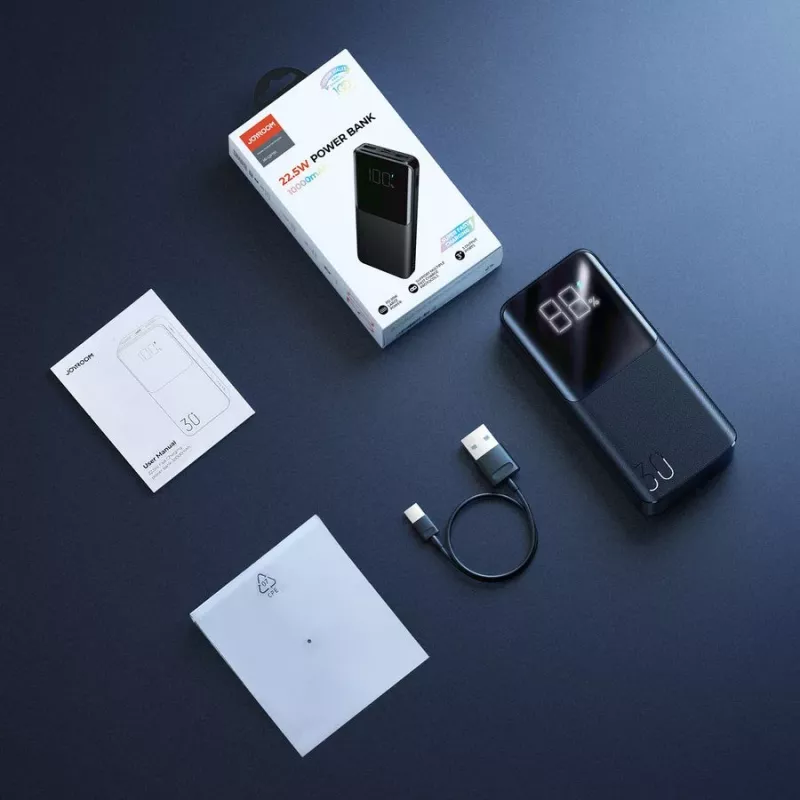 Powerbank JOYROOM JR-QP193 30000 mAh 22,5W com ecrã digital, PD3.0/QC3.0, 3 saídas (2 USB-A + 1 USB-C), 2 entradas (USB-C + Micro USB), preto