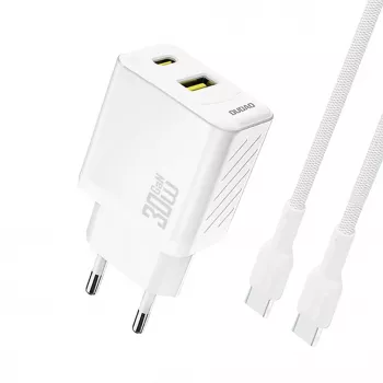 Dudao A27TCEU PD 30W GaN Carregador de parede USB-A USB-C com cabo USB-C - Branco