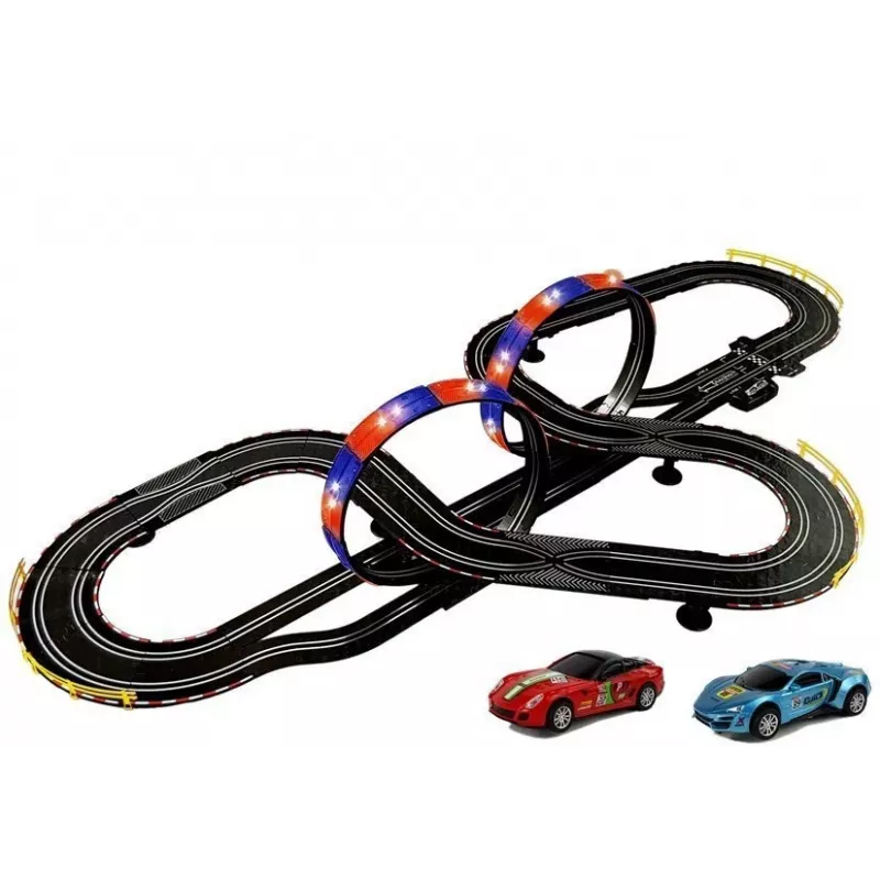LEAN TOYS Pista de corrida 2 carros Top Turbo Luzes 7,6 m de comprimento