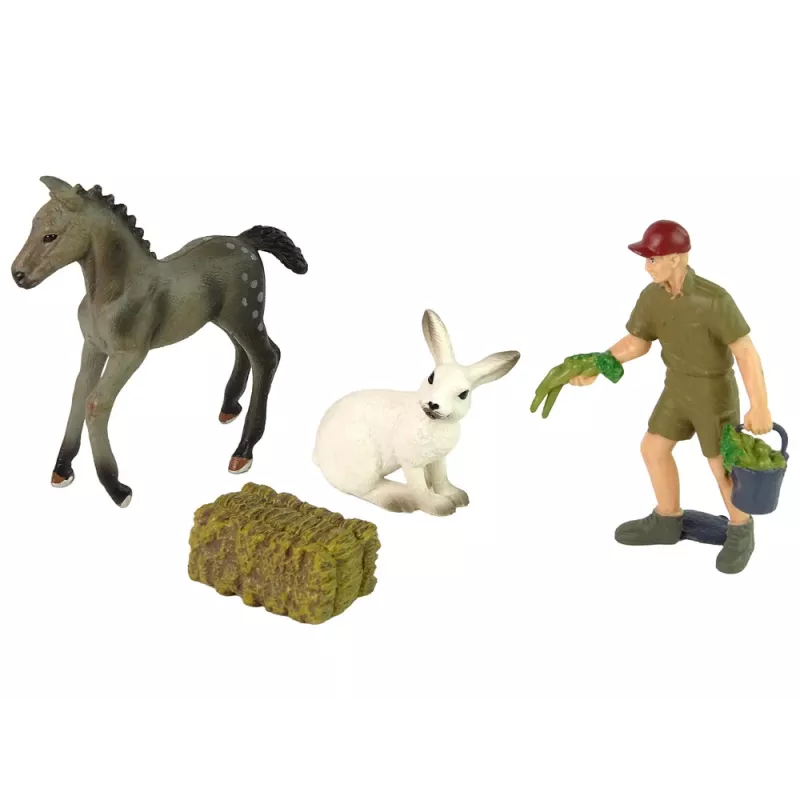 LEAN TOYS Conjunto de figuras de animais Cavalo Coelho cinzento Fazendeiro