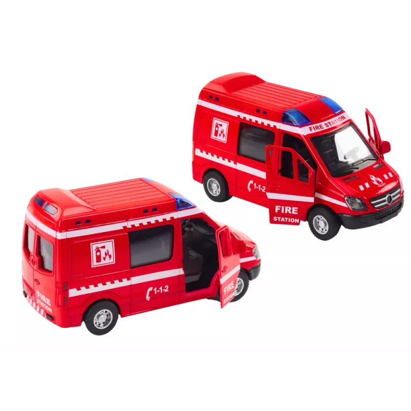 LEAN TOYS Carro de bombeiros 1:32 com portas que abrem, luz e som, motorizado, Vermelho