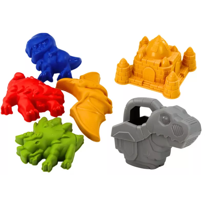 LEAN TOYS Conjunto de balde de areia com duche, espátula, ancinho, formas, Dinossauro