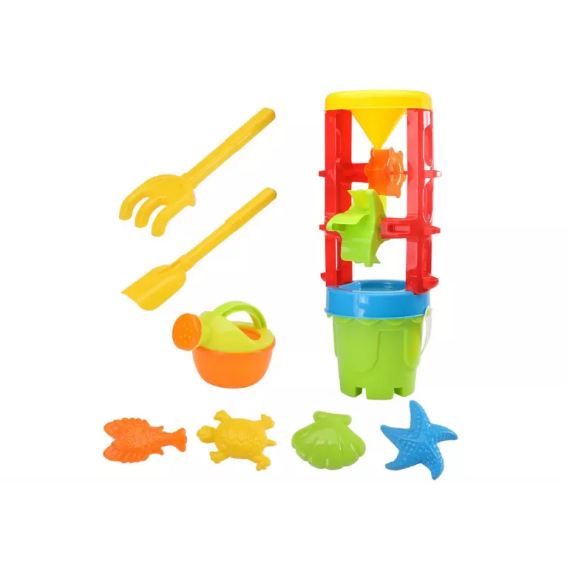 LEAN TOYS 18546 Conjunto de brinquedos de areia com moinho de areia grande, balde e formas coloridas – conjunto de 7 peças de praia e caixa de areia para crianças a partir de 12 meses