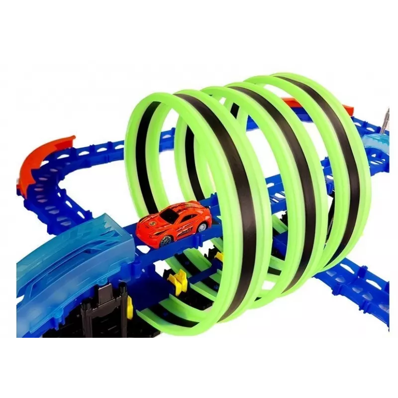 LEAN TOYS Pista de corrida que brilha no escuro, com loopings e carro telecomandado