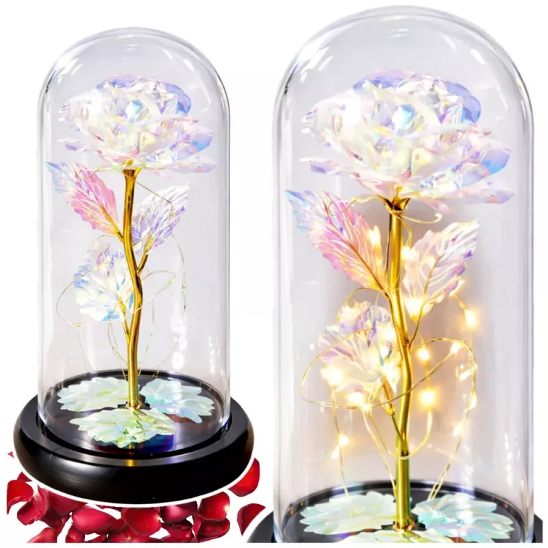 LEAN Rosa Eterna em Cúpula de Vidro Cristal, Iluminação LED Colorida, 21x11cm