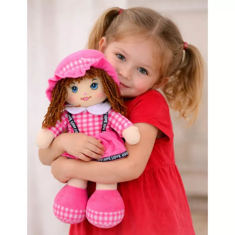 LEAN TOYS Boneca de Pano Peluche Vestido Xadrez Rosa 35 cm