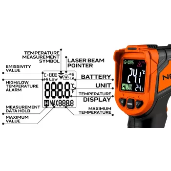NEO TOOLS 75-276 Pirómetro, termómetro infravermelho sem contacto com mira laser dupla, -50°C a 880°C, 12:1 D:S, emissividade ajustável, LCD retroiluminado