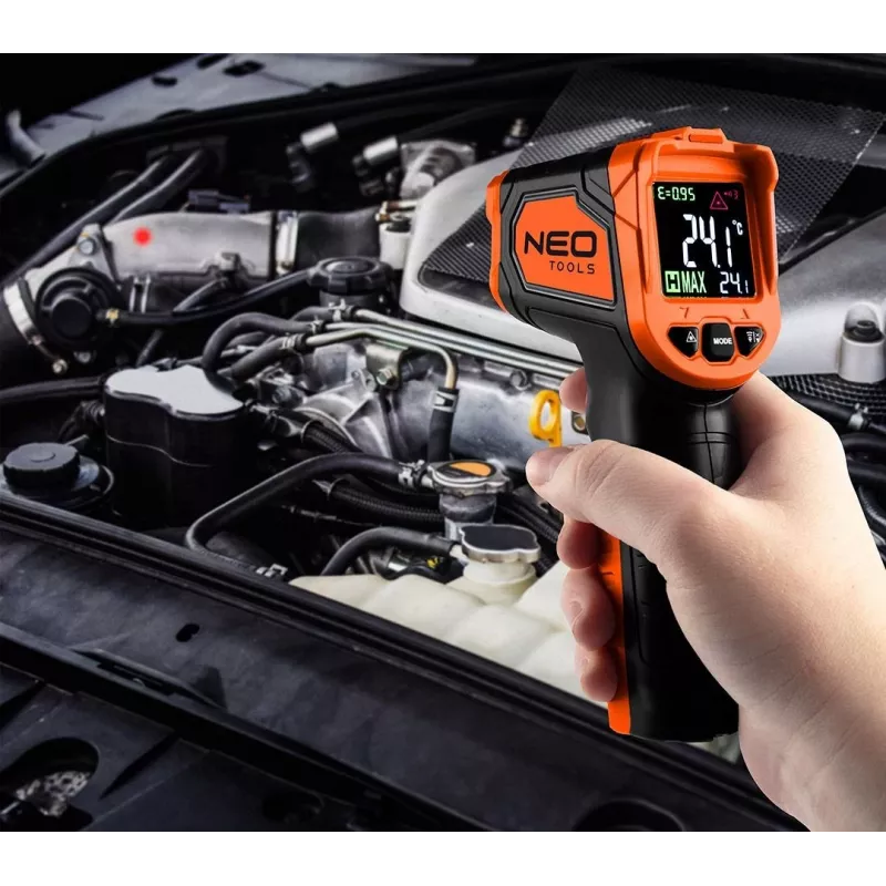 NEO TOOLS 75-276 Pirómetro, termómetro infravermelho sem contacto com mira laser dupla, -50°C a 880°C, 12:1 D:S, emissividade ajustável, LCD retroiluminado