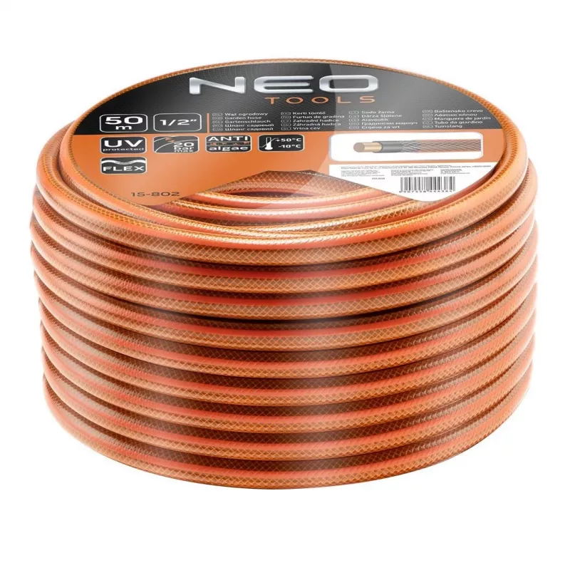 NEO TOOLS 15-802 Mangueira de jardim 1/2 polegadas x 50 m de 4 camadas, pressão de rebentamento 25 bar, resistente a UV e algas, anti-dobra, PVC flexível, verde