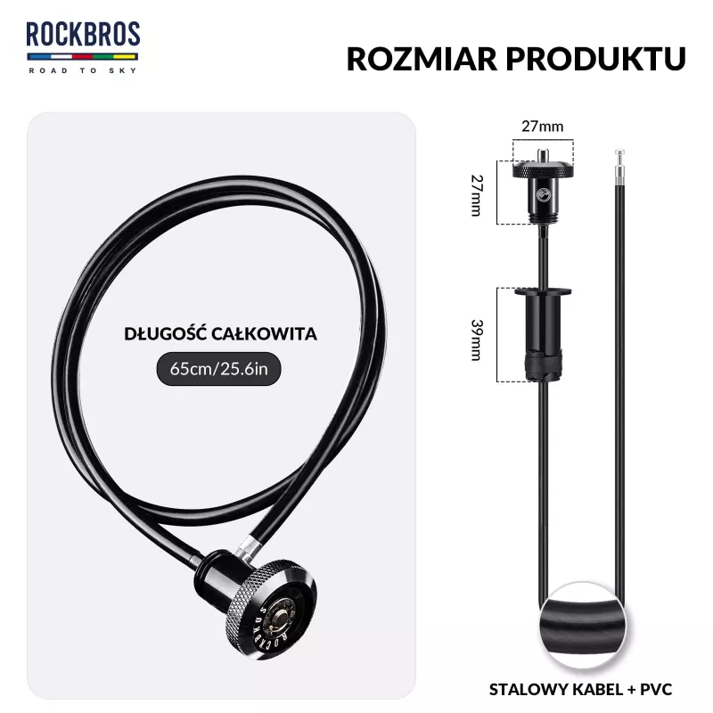 Cadeado de bicicleta Rockbros YG-HILRO1 ROAD TO SKY, cabo retrátil, embutido no guiador - preto