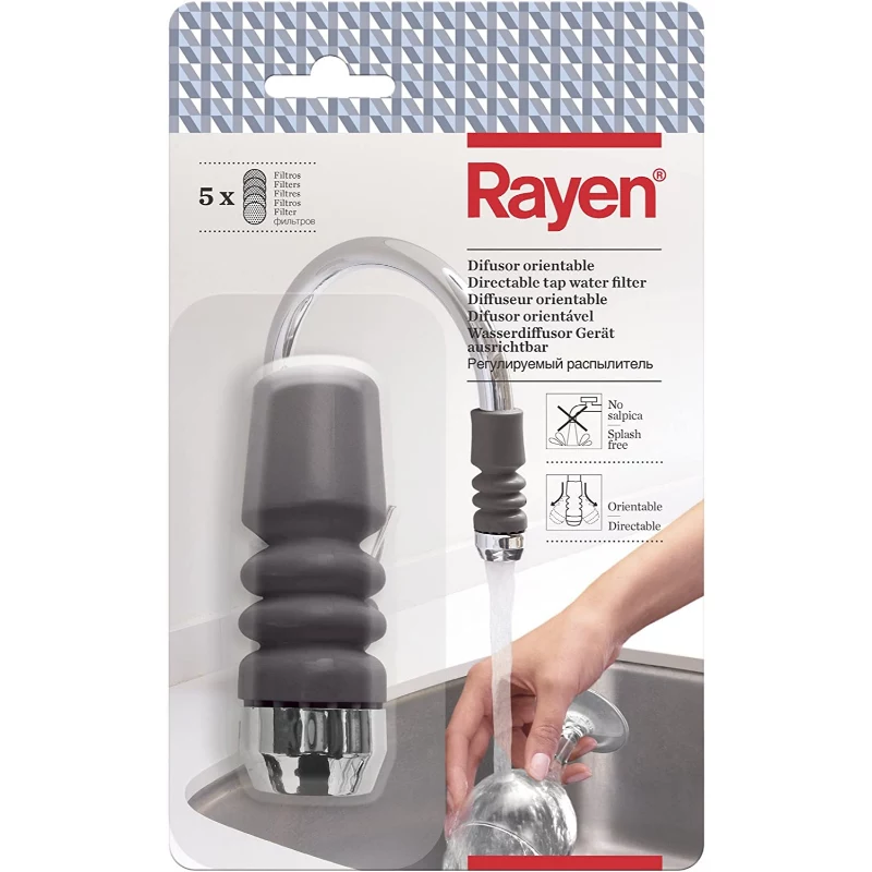 RAYEN 01083003 Filtro de água para torneira ajustável – Cerâmica multifásica, carvão ativado e algodão PP, instalação sem ferramentas, encaixe universal