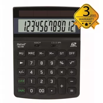 REBELL RE-ECO 450 BX calculadora de secretária, LCD de 12 dígitos, alimentação dupla, plástico reciclado, preto