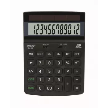 REBELL RE-ECO 450 BX calculadora de secretária, LCD de 12 dígitos, alimentação dupla, plástico reciclado, preto