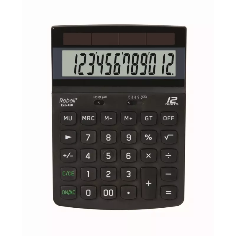 REBELL RE-ECO 450 BX calculadora de secretária, LCD de 12 dígitos, alimentação dupla, plástico reciclado, preto