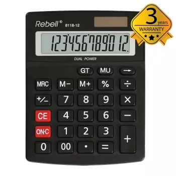 REBELL RE-8118-12 BX calculadora de bolso semi-desktop, LCD inclinado de 12 dígitos, alimentação dupla solar e pilha, preto