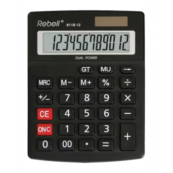 REBELL RE-8118-12 BX calculadora de bolso semi-desktop, LCD inclinado de 12 dígitos, alimentação dupla solar e pilha, preto