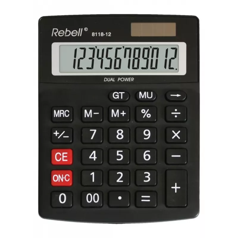REBELL RE-8118-12 BX calculadora de bolso semi-desktop, LCD inclinado de 12 dígitos, alimentação dupla solar e pilha, preto