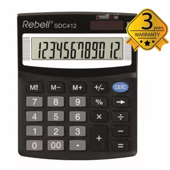 REBELL RE-SDC412 BX calculadora de secretária compacta, LCD de 12 dígitos, alimentação dupla, preto