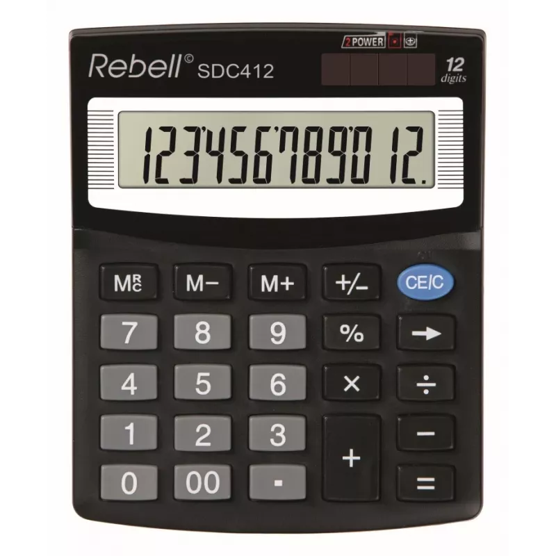 REBELL RE-SDC412 BX calculadora de secretária compacta, LCD de 12 dígitos, alimentação dupla, preto