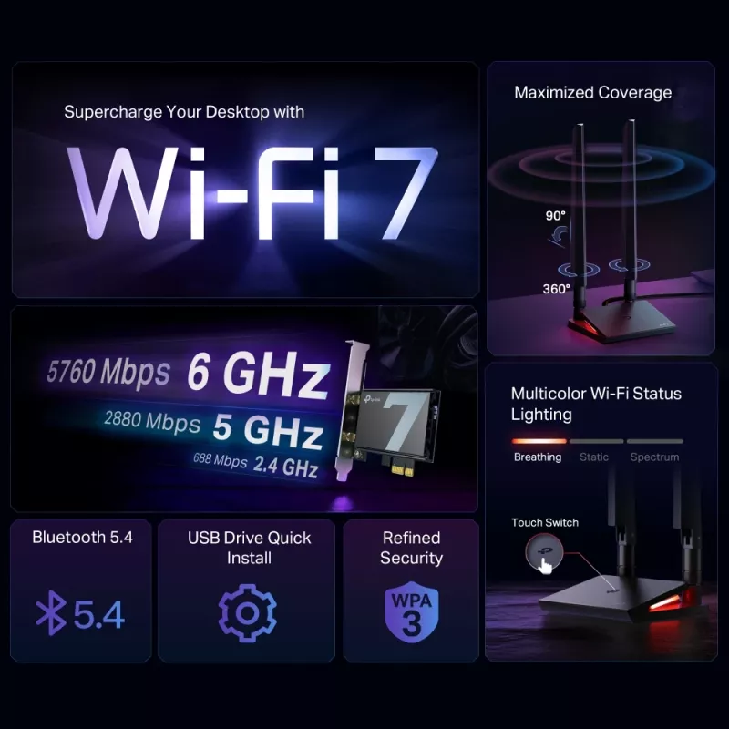 TP-Link Archer TBE550E adaptador WiFi 7 Bluetooth 5.4 BE9300 tribanda, PCI Express, 2 antenas externas