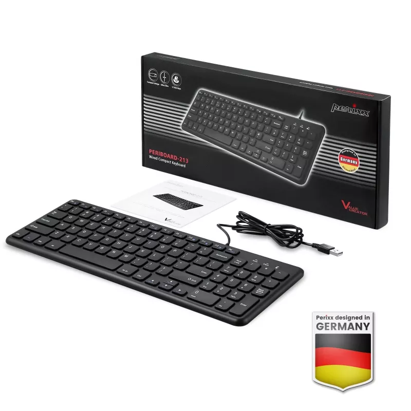 Teclado USB com fios Perixx PERIBOARD-213 DE B, layout alemão (QWERTZ), interruptores de tesoura, Preto