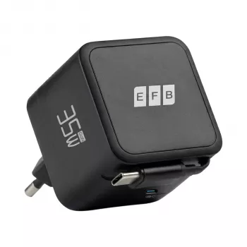 Carregador de parede EFB Elektronik G352CE 35W GaN USB-C com cabo retrátil de 0,7m, PD3.0 e QC3.0, preto