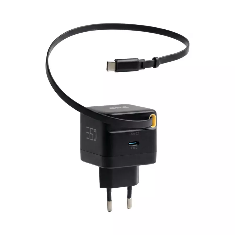 Carregador de parede EFB Elektronik G352CE 35W GaN USB-C com cabo retrátil de 0,7m, PD3.0 e QC3.0, preto