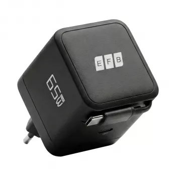 Carregador de parede EFB Elektronik G652CE 65W GaN USB-C PD 3.0 com cabo retrátil, preto