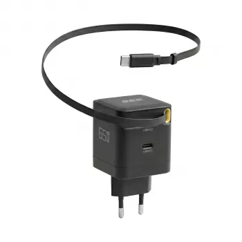 Carregador de parede EFB Elektronik G652CE 65W GaN USB-C PD 3.0 com cabo retrátil, preto