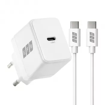 Conjunto de carregador de parede USB-C GaN 20W EFB Elektronik G201CE com cabo USB-C de 2m, PD3.0 e QC3.0, branco