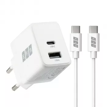 Conjunto de carregador de parede GaN 20W EFB Elektronik G201A1CE USB-C PD3.0 + USB-A QC3.0 com cabo USB-C de 2m, branco