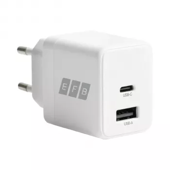 Conjunto de carregador de parede GaN 20W EFB Elektronik G201A1CE USB-C PD3.0 + USB-A QC3.0 com cabo USB-C de 2m, branco