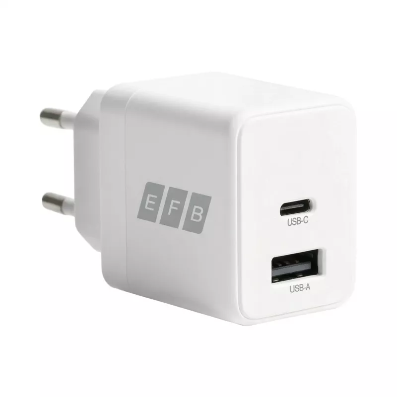 Conjunto de carregador de parede GaN 20W EFB Elektronik G201A1CE USB-C PD3.0 + USB-A QC3.0 com cabo USB-C de 2m, branco
