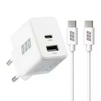 Conjunto de carregador de parede GaN 30W EFB Elektronik G301A1CE USB-C PD3.0 + USB-A QC3.0 com cabo USB-C de 2m, branco