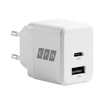 Conjunto de carregador de parede GaN 30W EFB Elektronik G301A1CE USB-C PD3.0 + USB-A QC3.0 com cabo USB-C de 2m, branco