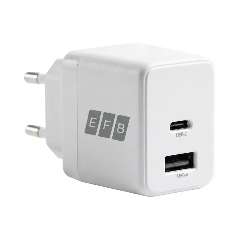 Conjunto de carregador de parede GaN 30W EFB Elektronik G301A1CE USB-C PD3.0 + USB-A QC3.0 com cabo USB-C de 2m, branco