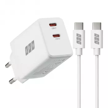 Conjunto de carregador de parede GaN 45W Dual USB-C EFB Elektronik G452CE com cabo USB-C de 2m, branco