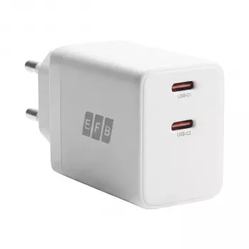 Conjunto de carregador de parede GaN 45W Dual USB-C EFB Elektronik G452CE com cabo USB-C de 2m, branco