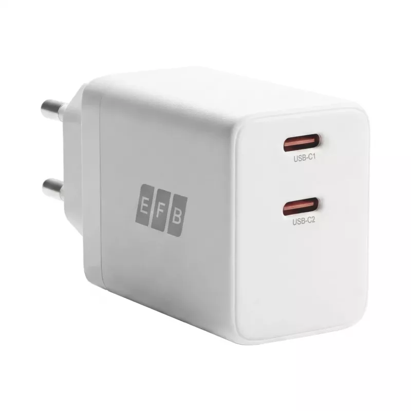 Conjunto de carregador de parede GaN 45W Dual USB-C EFB Elektronik G452CE com cabo USB-C de 2m, branco