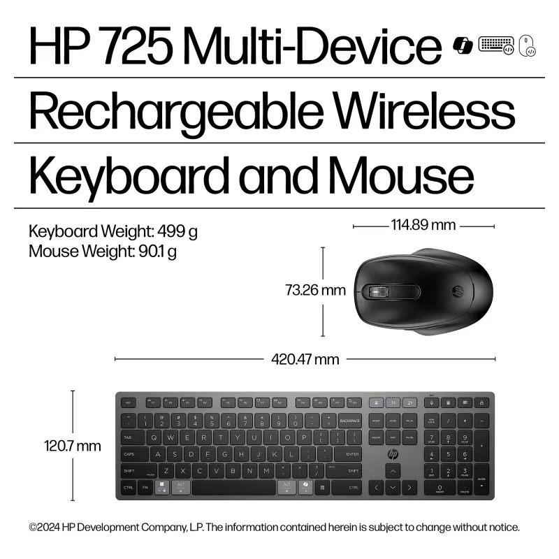 HPINC HP 725 - conjunto de teclado e rato - multifuncional, recarregável, alimentado por supercondensador - tamanho completo - sem fios - Nachtfall Schwarz -