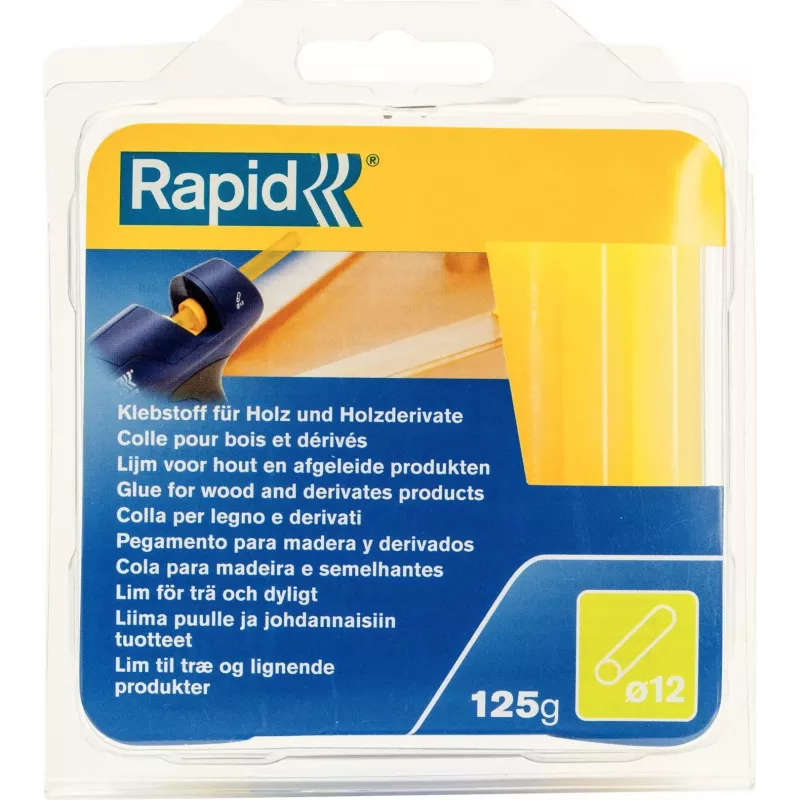 Sticks de cola quente RAPID TOOLS 40107360 para madeira, papel, cartão, 12 mm de diâmetro, curto, amarelado, 1 unid.