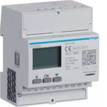 Contador de energia trifásico Hager ECP302C para transformadores de corrente 1A ou 5A, calha DIN de 4 módulos, saída de impulso S0
