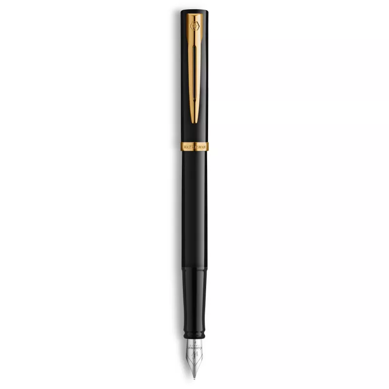 Waterman Impression Caneta de tinta permanente em laca preta com guarnições douradas pena fina caixa de presente azul 2225499