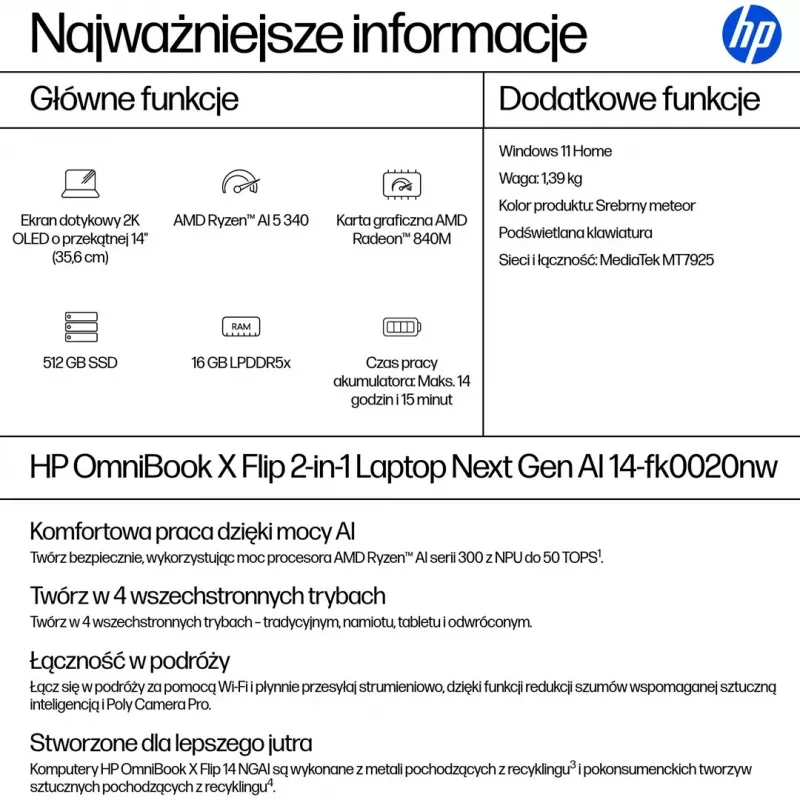 HP OmniBook X Flip 2-em-1 14-fk0020nw, 14,2 polegadas 2,8K OLED Touch, AMD Ryzen AI 5 340, 16GB RAM, 512GB SSD, Radeon 840M, Win11, Meteor Silver