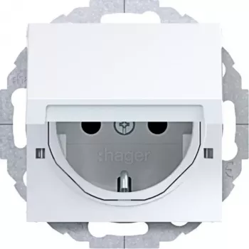 Tomada Schuko HAGER WAS1213WG com tampa basculante, 45° encastrada, branco polar