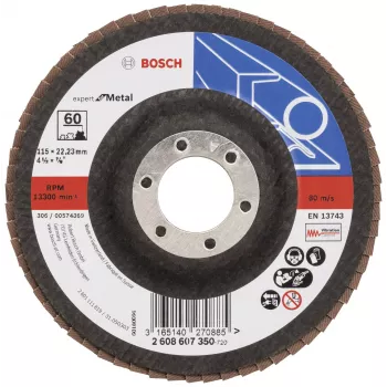 Disco de lixa de rebarbar Bosch X551 Standard para metal, 115 mm de diâmetro, 22,33 mm de furo, grão 60, corindo de zircónio, cónico, 1 unid. 2608607350