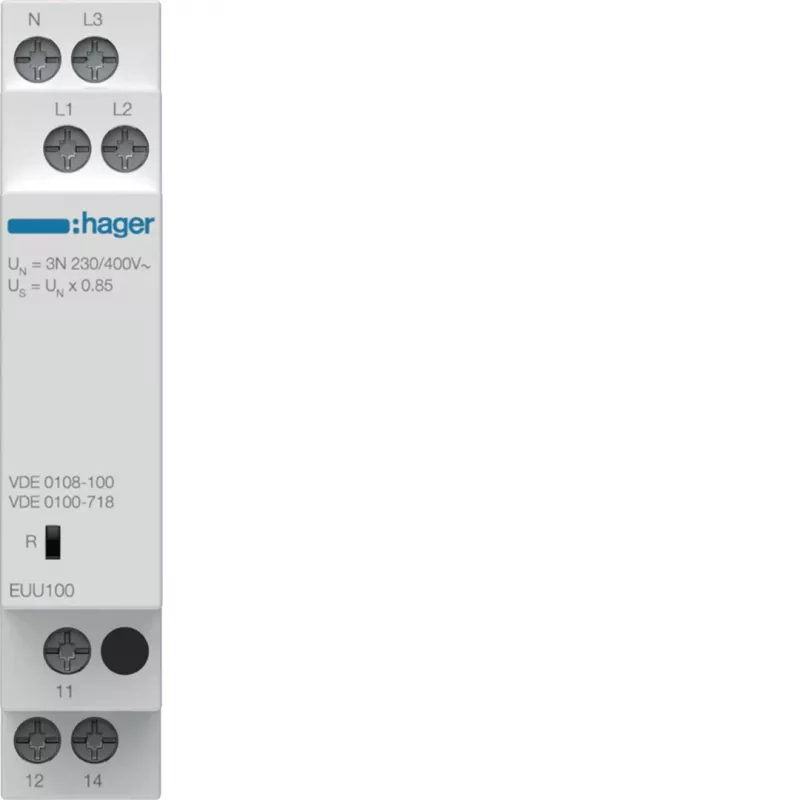 Hager EUU100 Relé de monitorização de fases, 3 fases, 1 contacto comutador, 3x230/400V AC