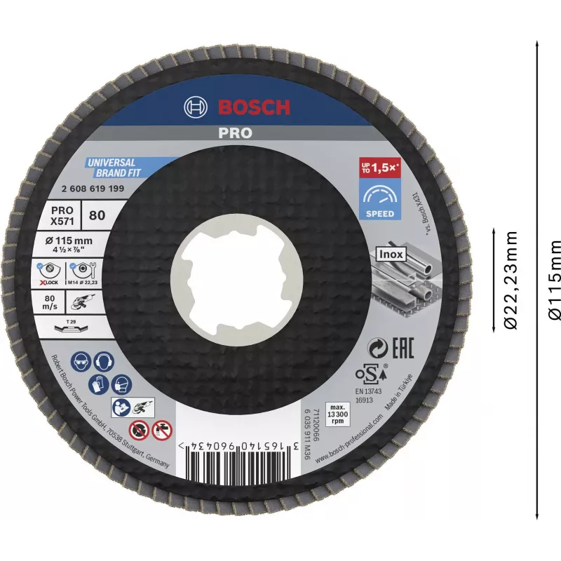 Bosch Accessories 2608619199 disco de lixa de lamelas X-LOCK 115 mm grão 80 corindo de zircónio cónico tipo 29 para metal, 1 unid.