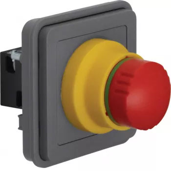 Mecanismo de paragem de emergência Hager WNA033, cabeça de cogumelo vermelha, fundo amarelo, 1 NC, 250 V AC, 10 A, terminais de parafuso, montagem embutida